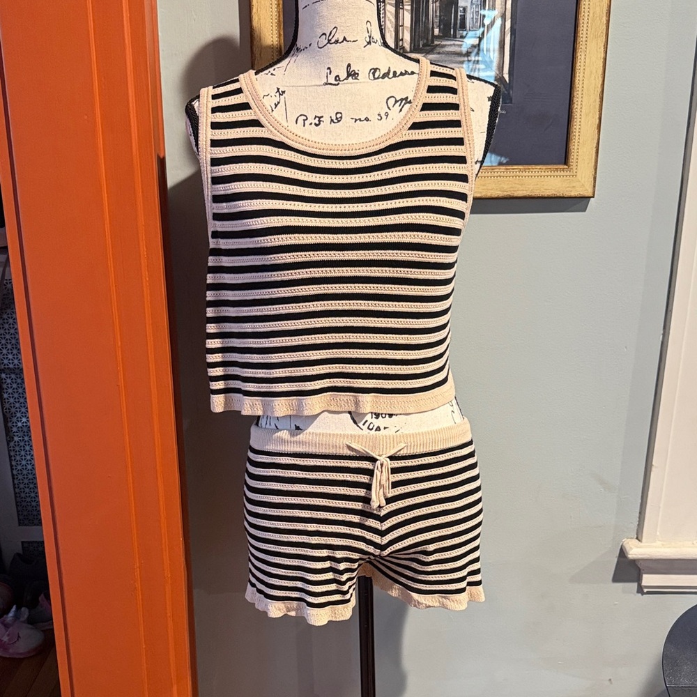 SHEIN Black and Beige Striped Knit Pajama Set (L)